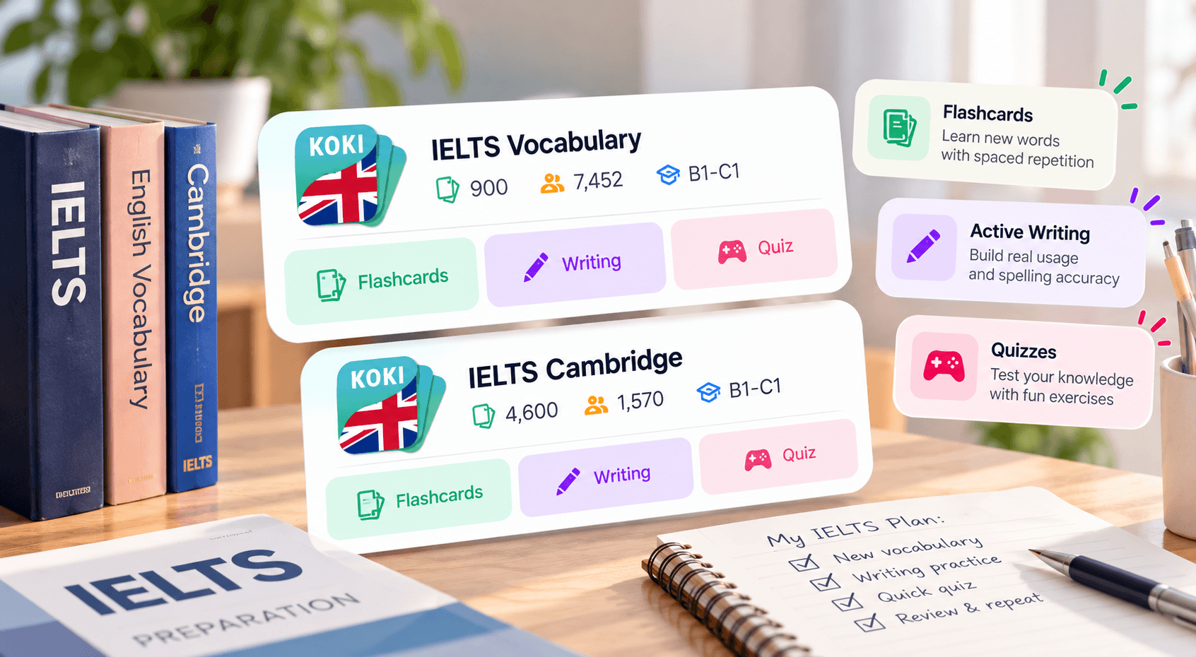 Master IELTS Vocabulary with Koki: From Flashcards to Active Writing &amp; Quizzes